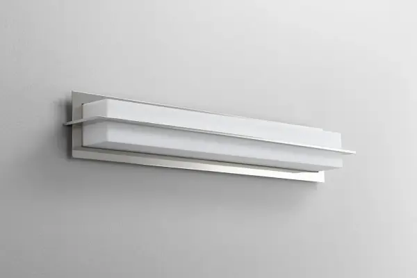 Collection: Metrix Finish: Polished Nickel Glass: Matte White Width: 28.00" Height: 4.75" Weight: 10.20 lb Extension from Wall: 3.88" Bulbs Included Number of Bulbs: 1 Maximum Wattage: 11.90 W Bulb Type: LED Bulb Base: Array Light Source: LED Light Output: 1521.00 lm Color Temperature: 3000 K CRI: 90 Voltage: 120.00 V Material: Steel and Glass Country of Origin: China Safety Listing: UL, ETL Safety Rating: Damp LED Manufacturer Warranty: 1 year from date of purchase , 5 years LED