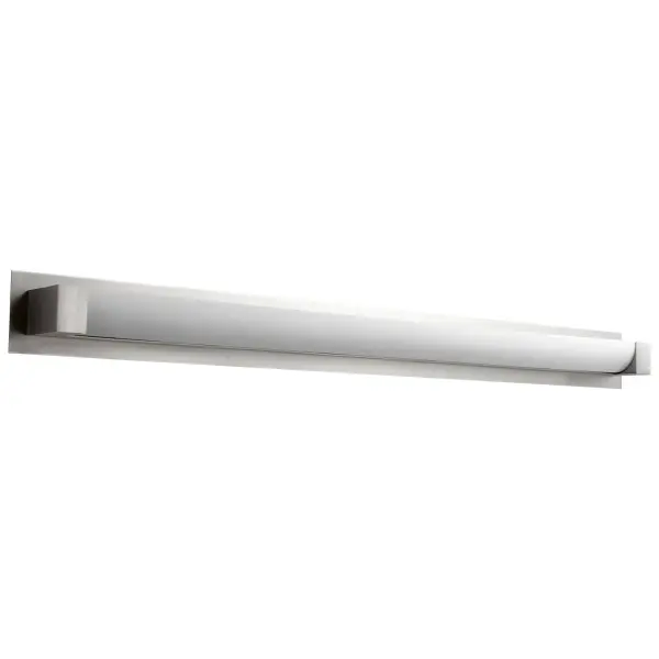 This extra-wide vanity light combines contemporary styling with energy-efficient LED technology. The satin nickel finish and matte white acrylic diffuser create clean, shadow-free lighting ideal for large bathroom vanities.