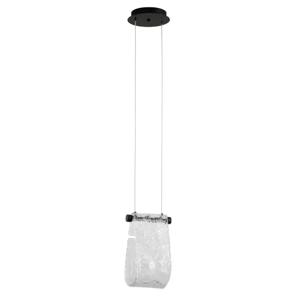 Drawing inspiration from Frank Lloyd Wright's Fallingwater, Veer showcases cascading textured water glass that mimics the beauty of multi-level waterfalls. The glass evokes the illusion of cascading sheets flowing back into themselves. Ideal for decorative accents and versatile enough for primary or secondary lighting, Veer adds a touch of modern elegance to any space. Collection: Veer Finish: Black Glass: Clear Width: 7.50" Height: 11.50" Length: 7.50" Weight: 7.50 lb Number of Bulbs: 1 Maximum Wattage: 7.00 W Bulb Type: LED Bulb Base: Array Light Source: LED Light Output: 490.00 lm Color Temperature: 3000 K CRI: 90 Material: Textured Glass Country of Origin: China Safety Rating: Damp LED