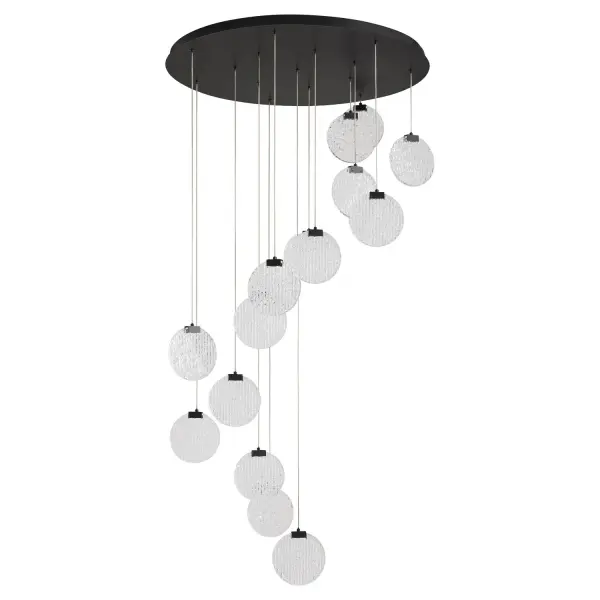 The Axiom LED Pendant creates dramatic visual impact with 15 textured acrylic diffusers arranged at varying heights. Its integrated LED system delivers excellent light output with energy efficiency, while the geometric composition adds architectural interest to modern spaces.