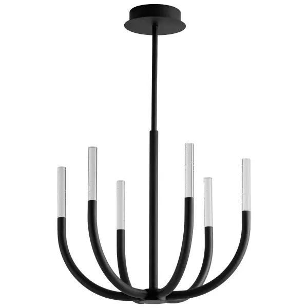 The Presto! LED chandelier combines contemporary black styling with integrated LED technology for a sleek, energy-efficient lighting solution. Its compact 22-inch width makes it versatile for smaller dining areas and kitchen islands.
