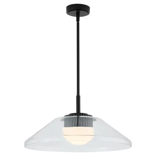 The Eros LED Pendant brings industrial chic to contemporary spaces with its distinctive fluted glass body and integrated LED technology. The clear glass shade showcases decorative heat-sink inspired details while the frost white diffuser provides warm, glare-free illumination. High CRI of 90 ensures excellent color rendering for task-oriented spaces. - alternate view