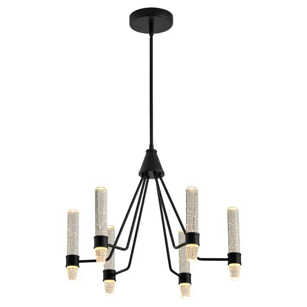 The Ethos chandelier combines contemporary design with practical LED technology. Its tiered six-arm configuration and acrylic bubble diffusers create visual interest while the selectable color temperature adapts to any space. - alternate view