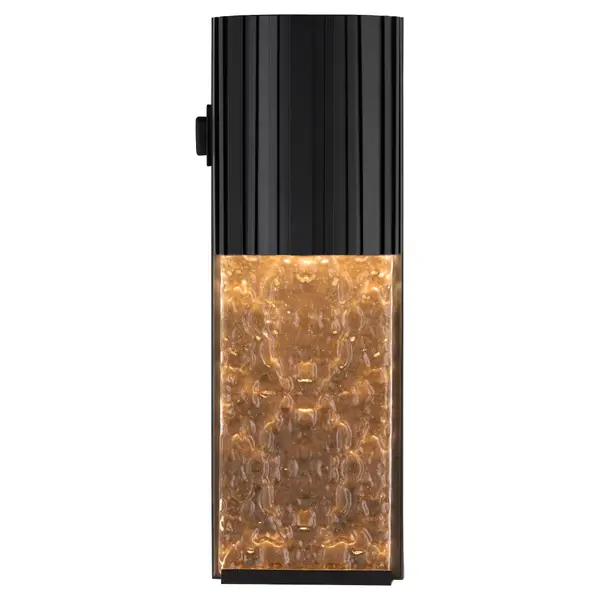 Mimicking the natural flow of a waterfall, the Cascata captivates with its remarkable reflections. This modern outdoor wall mount is wet-rated and equipped with a 5CCT LED light. Light cascades beautifully over the water glass with a textured gold finish. For added character, the down light is topped with an oil-bronzed half circle with vertical striations. Bring a natural essence to your space with the Cascata. Collection: Cascata Finish: Black Glass: Clear Width: 5.00" Height: 15.00" Weight: 4.73 lb Extension from Wall: 3.50" Number of Bulbs: 1 Maximum Wattage: 10.00 W Bulb Base: Array Light Source: LED Material: Aluminum Country of Origin: China Safety Rating: Wet LED - alternate view