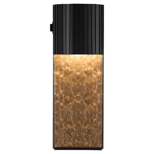 Mimicking the natural flow of a waterfall, the Cascata captivates with its remarkable reflections. This modern outdoor wall mount is wet-rated and equipped with a 5CCT LED light. Light cascades beautifully over the water glass with a textured gold finish. For added character, the down light is topped with an oil-bronzed half circle with vertical striations. Bring a natural essence to your space with the Cascata. Collection: Cascata Finish: Black Glass: Clear Width: 7.00" Height: 20.00" Weight: 8.95 lb Extension from Wall: 4.50" Number of Bulbs: 1 Maximum Wattage: 14.00 W Bulb Base: Array Light Source: LED Material: Aluminum Country of Origin: China Safety Rating: Wet LED - alternate view