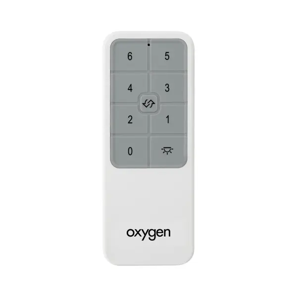A handheld remote control designed for DC motor ceiling fans, offering convenient wireless operation in a compact white housing. Compatible with modern fan systems requiring remote control functionality.