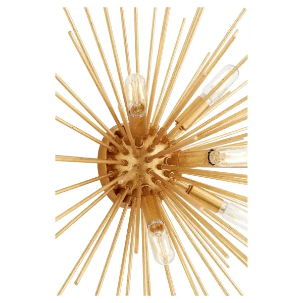 The Electra ceiling mount creates a dramatic focal point with its radiating spire design and candelabra bulbs. The shimmering Gold Leaf finish adds sophistication and glamour to any space, making it perfect for statement-making interiors. - alternate view