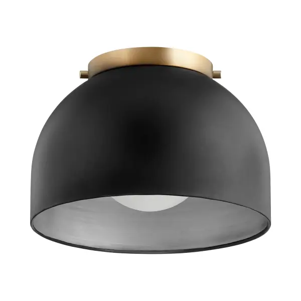 This 11-inch ceiling mount combines a striking black exterior with a soft white interior and aged brass base, delivering timeless elegance. Perfect for hallways, entryways, and covered outdoor spaces.