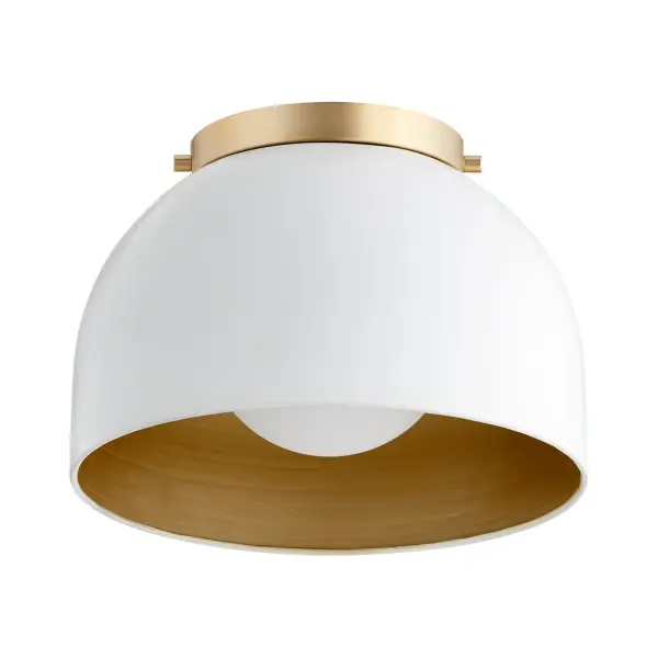 This 11-inch flush mount combines a clean white glass exterior with an unexpected aged brass interior, creating subtle warmth and visual interest. The compact size and timeless design make it ideal for hallways, entryways, and smaller spaces.