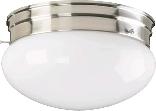 This compact 9-inch ceiling mount combines clean contemporary styling with practical damp-rated performance. The white glass diffuser provides soft, even illumination while the satin nickel finish adds modern sophistication.