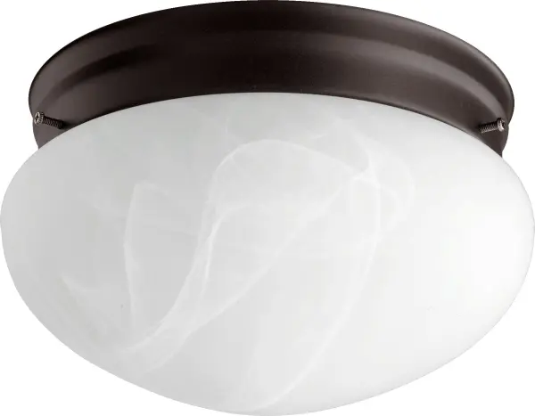 This 9-inch flush mount combines a clean white glass shade with an oiled bronze finish and marble base accent. Its damp rating and compact size make it ideal for bathrooms, utility spaces, and covered outdoor areas.