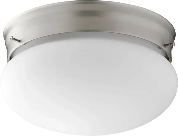 This compact 9-inch ceiling mount combines classic white glass with a modern satin nickel finish. Damp-rated for bathrooms and covered outdoor areas, it delivers reliable illumination in a sleek, low-profile design.