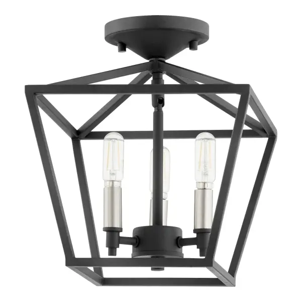 The Gabriel ceiling mount brings farmhouse charm with its three-light candelabra design and open tapered shade. The noir black finish pairs beautifully with distressed woods and whitewashed floors, making it versatile for modern-farmhouse and traditional spaces. - alternate view