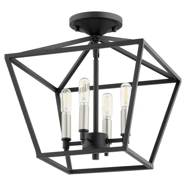 The Gabriel semi-flush mount brings farmhouse charm with its open tapered shade and noir finish. Four candelabra bulbs provide ample illumination while the design pairs beautifully with distressed woods and whitewashed floors. - alternate view