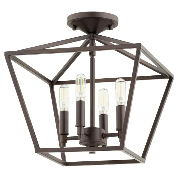 The Gabriel semi-flush mount brings authentic farmhouse charm with its four-light candelabra design and open tapered shade. The rich Oiled Bronze finish pairs beautifully with distressed woods and whitewashed floors.
