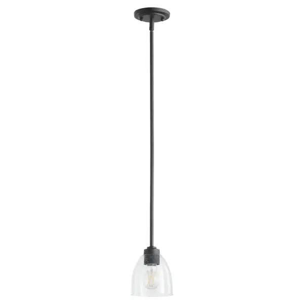 The Reyes pendant combines clean-lined elegance with textured black finish and clear seeded glass for a sophisticated look. Its transitional design adapts seamlessly to various aesthetics while maintaining visual interest.