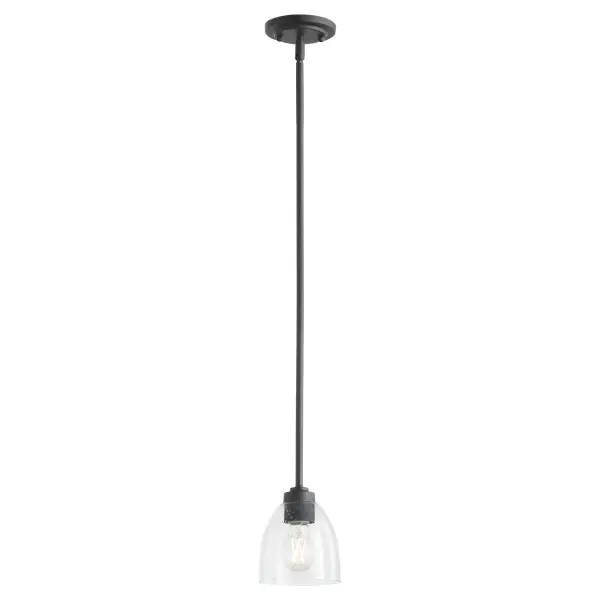 The Reyes pendant combines clean-lined elegance with textured black finish and clear seeded glass for a sophisticated look. Its transitional design adapts seamlessly to various aesthetics while maintaining visual interest. - alternate view
