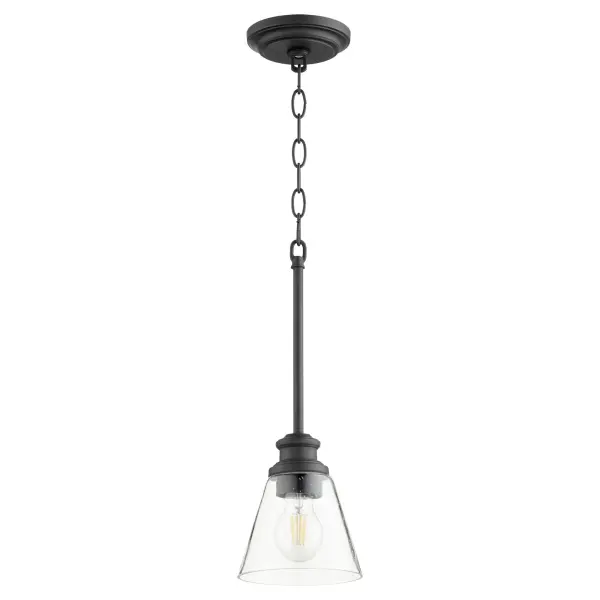 The Dunbar mini pendant blends nostalgic refinement with contemporary design through its clear seeded glass shade, sharp angles, and two-toned accents. Includes interchangeable socket cup decos for personalization.
