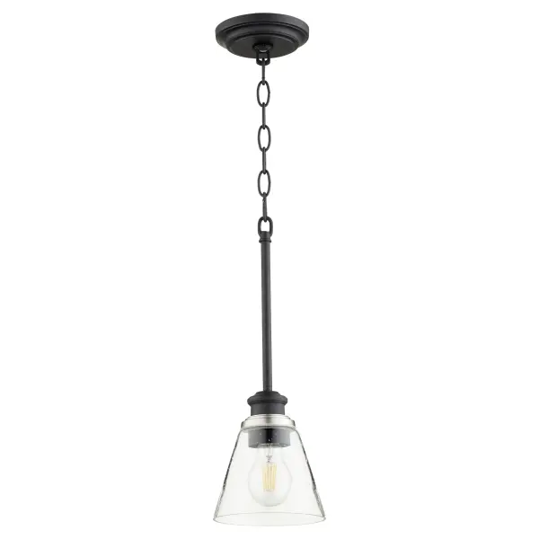The Dunbar mini pendant blends nostalgic refinement with contemporary design through its clear seeded glass shade, sharp angles, and two-toned accents. Includes interchangeable socket cup decos for personalization. - alternate view