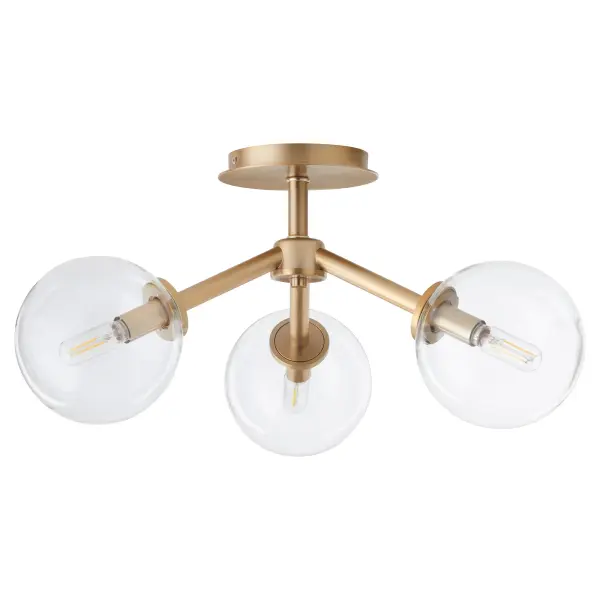 The ROVI 3-Light ceiling mount combines clear glass domes with aged brass frames for authentic Mid-Century Modern appeal. Its dramatic yet refined design adds charm and sophistication to any space while maintaining clean sightlines.