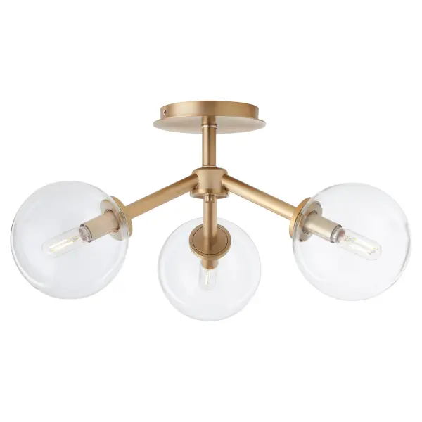 The ROVI 3-Light ceiling mount combines clear glass domes with aged brass frames for authentic Mid-Century Modern appeal. Its dramatic yet refined design adds charm and sophistication to any space while maintaining clean sightlines. - alternate view