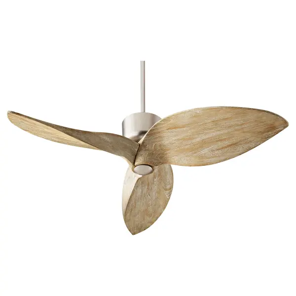 The Hawkeye combines contemporary three-blade design with rustic weathered oak blades and satin nickel finish. Its 52-inch sweep and 45-degree pitch deliver efficient airflow for medium to large spaces with modern farmhouse or eclectic style.