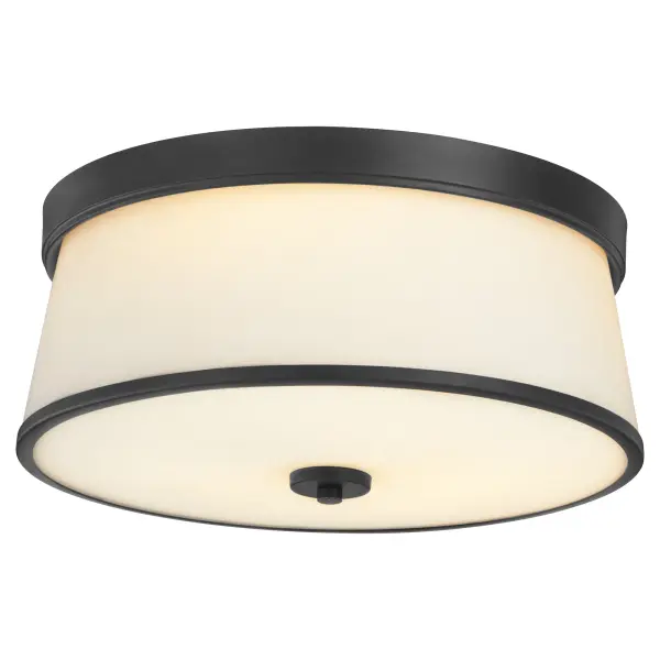 The Weir 16" ceiling mount combines clean contemporary design with practical functionality. Its satin opal glass cylinder and matte black finish create a sophisticated look perfect for modern spaces requiring ambient lighting. - alternate view