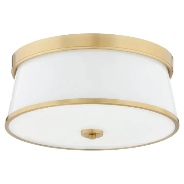 The Weir 16" ceiling mount combines minimalist design with elegant brass detailing. Its satin opal glass shade provides soft, diffused lighting while the aged brass trim adds warmth and sophistication to any space.