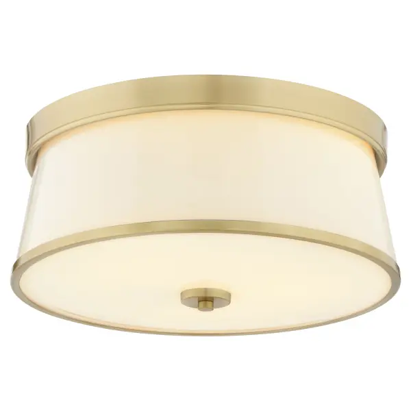 The Weir 16" ceiling mount combines minimalist design with elegant brass detailing. Its satin opal glass shade provides soft, diffused lighting while the aged brass trim adds warmth and sophistication to any space. - alternate view