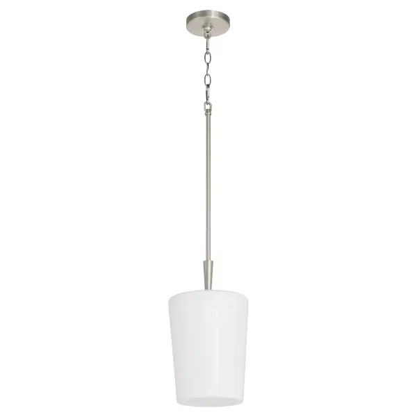The Goodwin 8" pendant combines traditional opal glass with a versatile satin nickel finish, creating soft, diffused lighting perfect for intimate spaces. Its compact size makes it ideal for multiples over islands or as accent lighting.