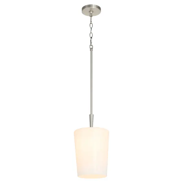 The Goodwin 8" pendant combines traditional opal glass with a versatile satin nickel finish, creating soft, diffused lighting perfect for intimate spaces. Its compact size makes it ideal for multiples over islands or as accent lighting. - alternate view