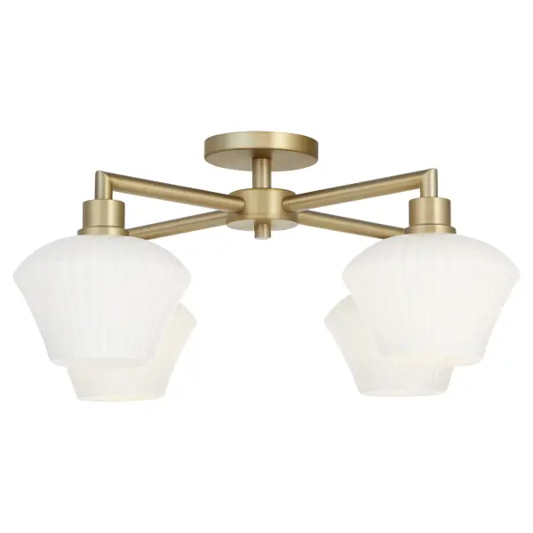 The Cassini flush mount combines clean angular lines with warm aged brass and satin opal glass for a sophisticated, versatile look. Perfect for modern and transitional spaces with standard ceiling heights.