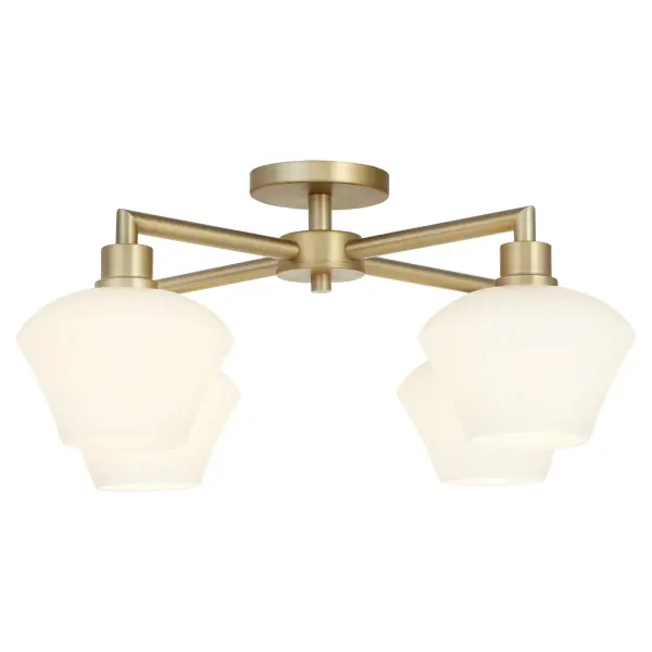 The Cassini flush mount combines clean angular lines with warm aged brass and satin opal glass for a sophisticated, versatile look. Perfect for modern and transitional spaces with standard ceiling heights. - alternate view