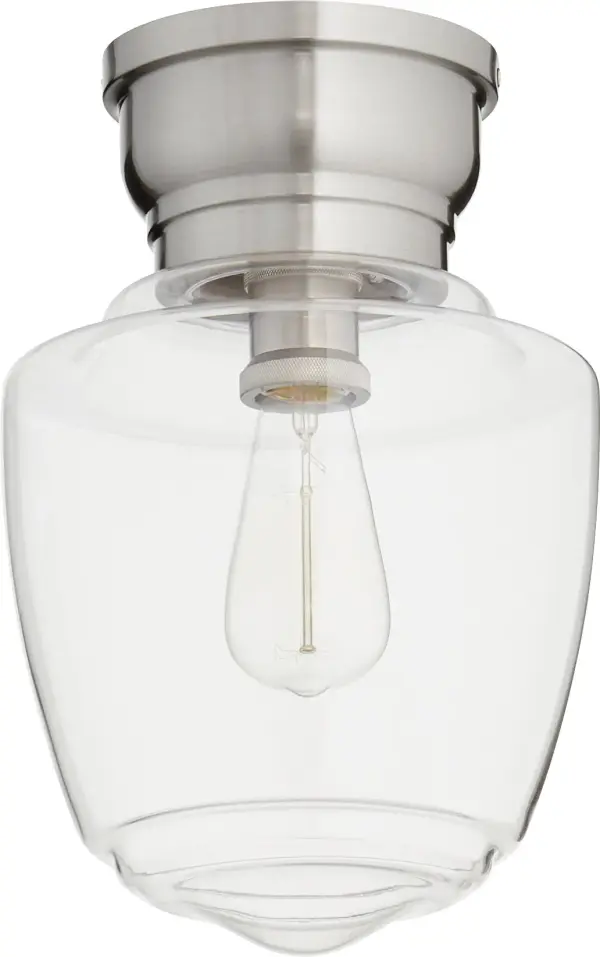 A timeless 9-inch flush mount featuring clear acorn-shaped glass and satin nickel finish. Perfect for hallways, bathrooms, and closets where ceiling clearance is limited and traditional styling is desired.