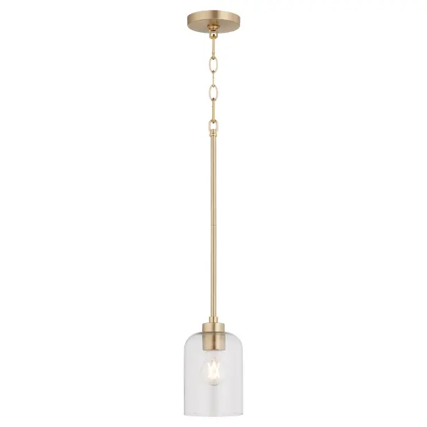 The Tribute pendant combines timeless design with modern versatility. Its aged brass finish and clear glass shade create a warm, inviting glow suitable for both indoor and outdoor spaces. Clean lines and subtle curves make it adaptable to various design schemes. - alternate view