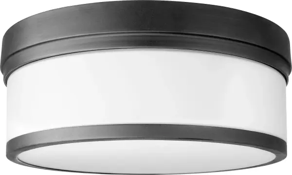 The Celeste 14" ceiling mount combines noir black finish with satin opal glass for a sophisticated, modern look. Its compact size and clean lines make it ideal for smaller spaces needing ambient lighting.