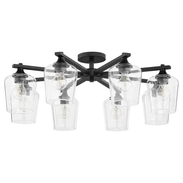 The Veno 8-Light ceiling mount combines angular metal frames with clear glass shades for timeless traditional appeal. The matte black finish adds contemporary edge while maintaining classic comfort and versatility.