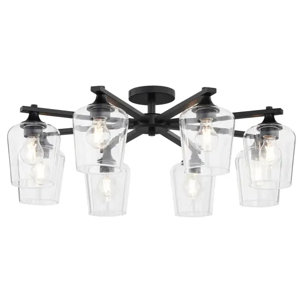 The Veno 8-Light ceiling mount combines angular metal frames with clear glass shades for timeless traditional appeal. The matte black finish adds contemporary edge while maintaining classic comfort and versatility. - alternate view