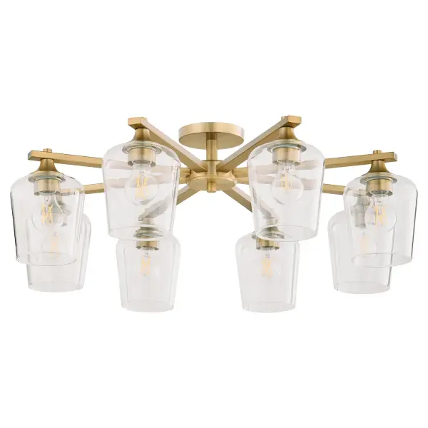 The Veno 8-Light ceiling mount combines angular metal frames with clear glass shades for traditional appeal. Its aged brass finish adds warmth and sophistication to larger spaces requiring substantial lighting coverage.