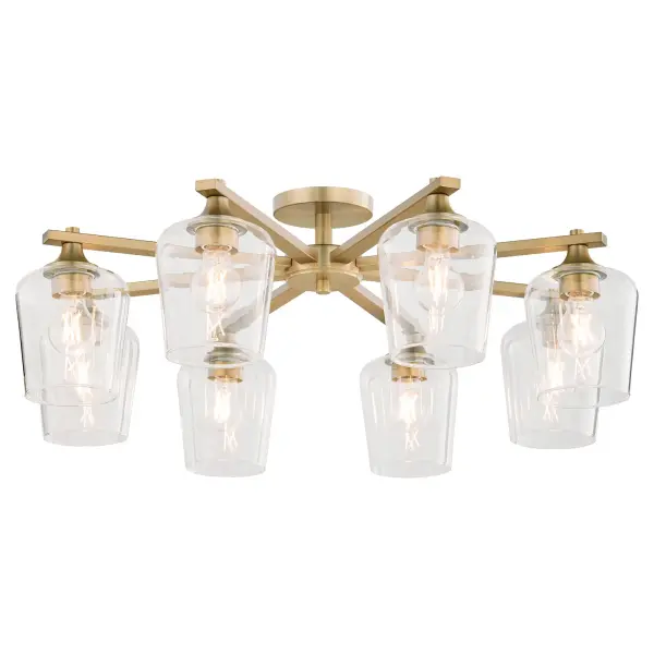 The Veno 8-Light ceiling mount combines angular metal frames with clear glass shades for traditional appeal. Its aged brass finish adds warmth and sophistication to larger spaces requiring substantial lighting coverage. - alternate view