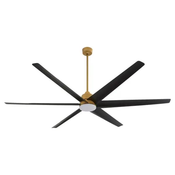 The Spree delivers exceptional air performance for large outdoor spaces with its impressive 84" span and 6-blade configuration. Wet-rated for durability, it combines modern design with practical functionality in a striking brushed brass finish. - alternate view