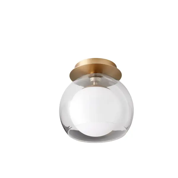 The Jasper ceiling mount combines aged brass warmth with soft opal glass diffusion in a compact 9" profile. Its transitional design bridges traditional and contemporary aesthetics, making it versatile for various spaces. - alternate view