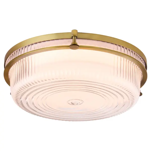 The Emory 14" combines timeless schoolhouse aesthetics with contemporary functionality. Its molded flutes, ribbed clear glass, and brushed brass finish create sophisticated elegance suitable for traditional through modern interiors. - alternate view