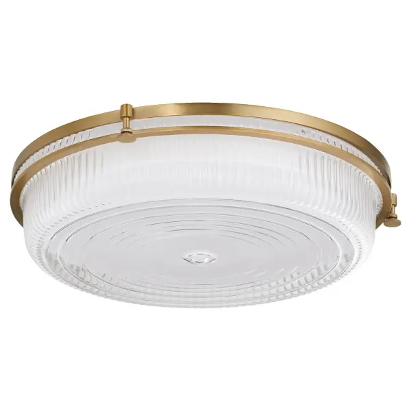 The Emory 18" ceiling mount combines timeless schoolhouse aesthetics with contemporary functionality. Its holophane-style ribbed clear glass and brushed brass finish create elegant ambient lighting perfect for traditional and transitional spaces.