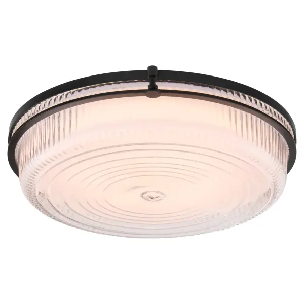 The Emory 18" ceiling mount combines timeless schoolhouse aesthetics with contemporary functionality. Its ribbed clear glass and matte black finish create sophisticated lighting for various spaces. - alternate view