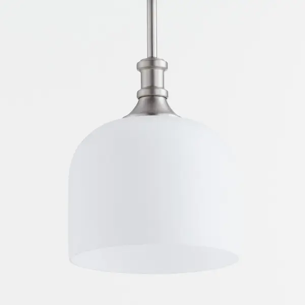 The Richmond pendant blends traditional curved glass with playful semicircular arms for a transitional look that works in multiple settings. Satin nickel finish offers timeless appeal and easy coordination. - alternate view