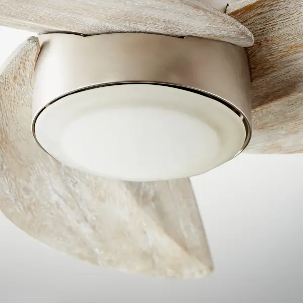 The Trinity ceiling fan blends contemporary design with rustic charm through its three curved blades in Weathered Oak finish and Satin Nickel motor. The 52-inch blade sweep with 18-degree pitch delivers excellent airflow for medium to large spaces. - alternate view