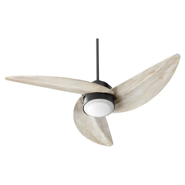 The Trinity ceiling fan delivers contemporary design with rustic charm through its three-blade configuration and contrasting finishes. The 52-inch blade sweep with 18-degree pitch ensures efficient airflow, while the Weathered Oak blades against Noir motor housing create visual interest perfect for modern farmhouse and eclectic interiors.