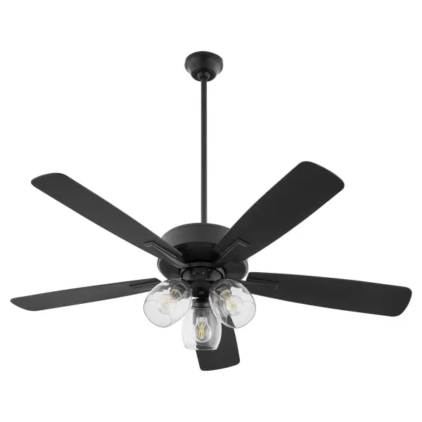 The Ovation ceiling fan combines contemporary styling with practical functionality. Its matte black finish and walnut blades create a sophisticated look, while the 3-light clear glass fixture provides ample illumination.