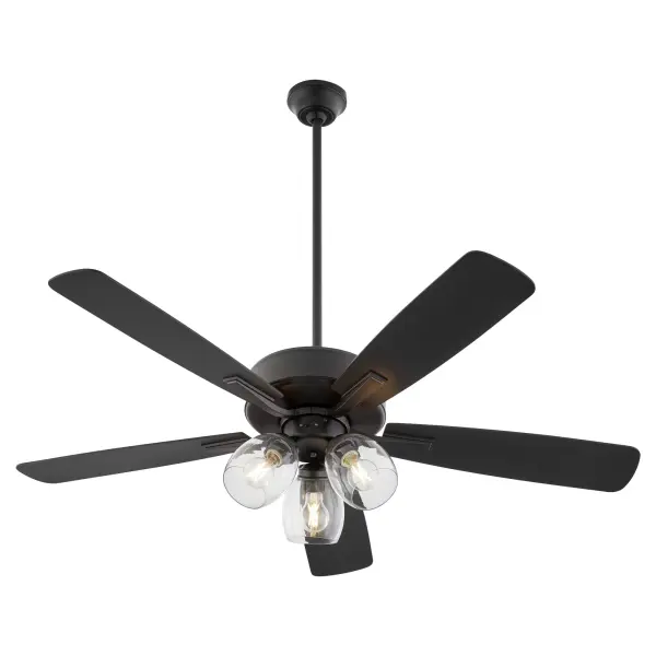 The Ovation ceiling fan combines contemporary styling with practical functionality. Its matte black finish and walnut blades create a sophisticated look, while the 3-light clear glass fixture provides ample illumination. - alternate view